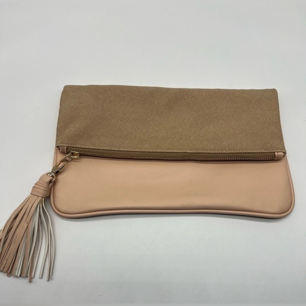 Who What Wear peach and tan foldover clutch with faux leather removable tassel